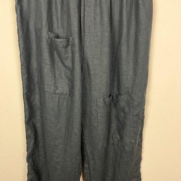 Linen Pants Womens Large Black Lagenlook Minimalist Straight Leg Cropped Stretch - Picture 3 of 15